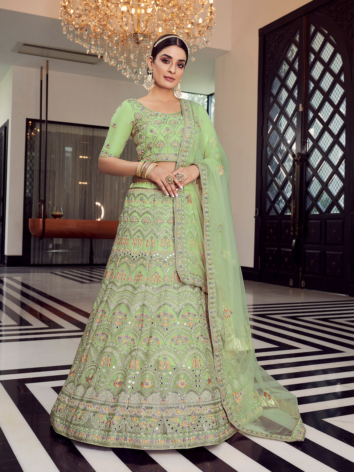 Green Embroidered Organza Semi Stitched Lehenga With Unstitched Blouse