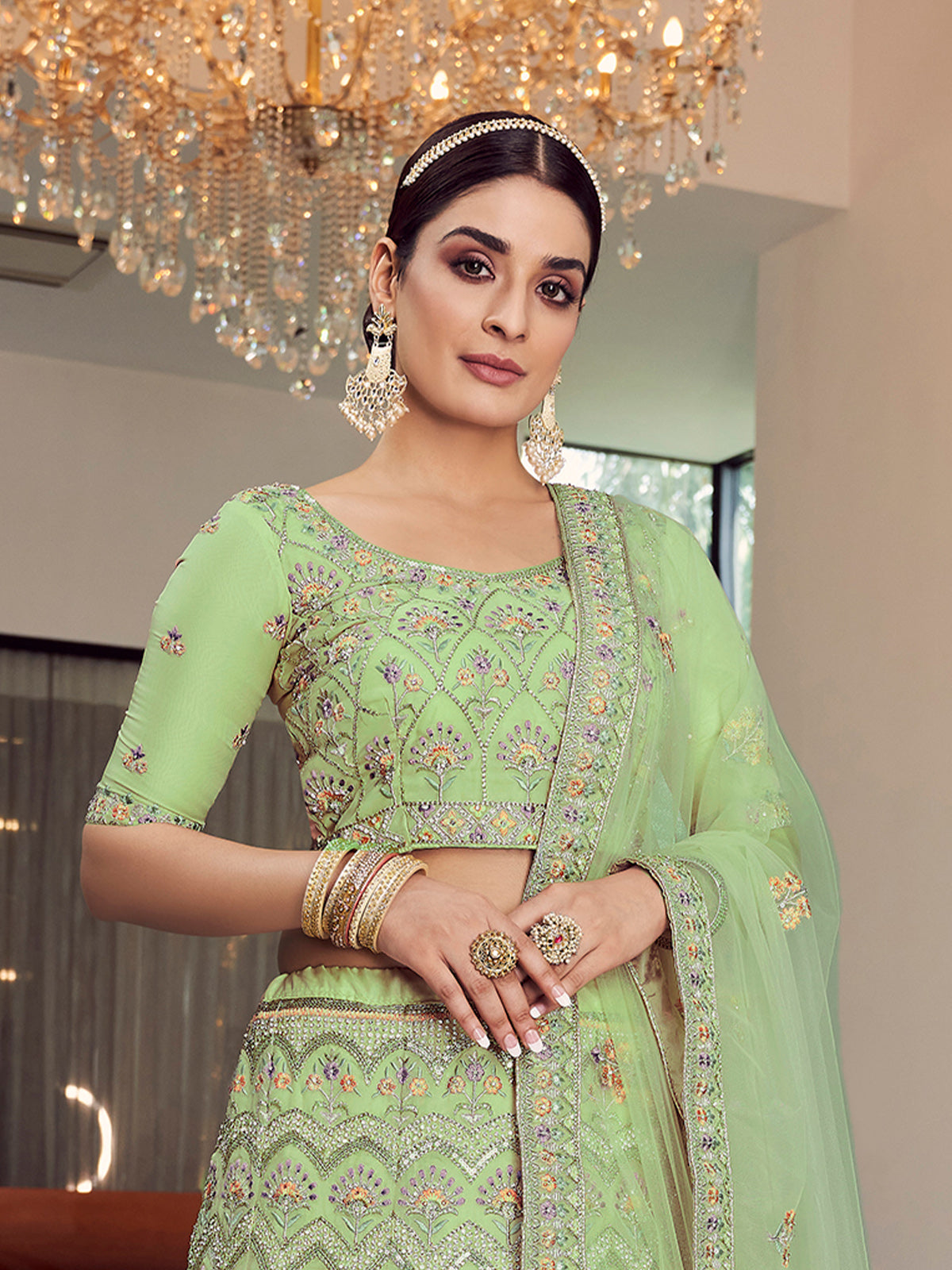 Green Embroidered Organza Semi Stitched Lehenga With Unstitched Blouse