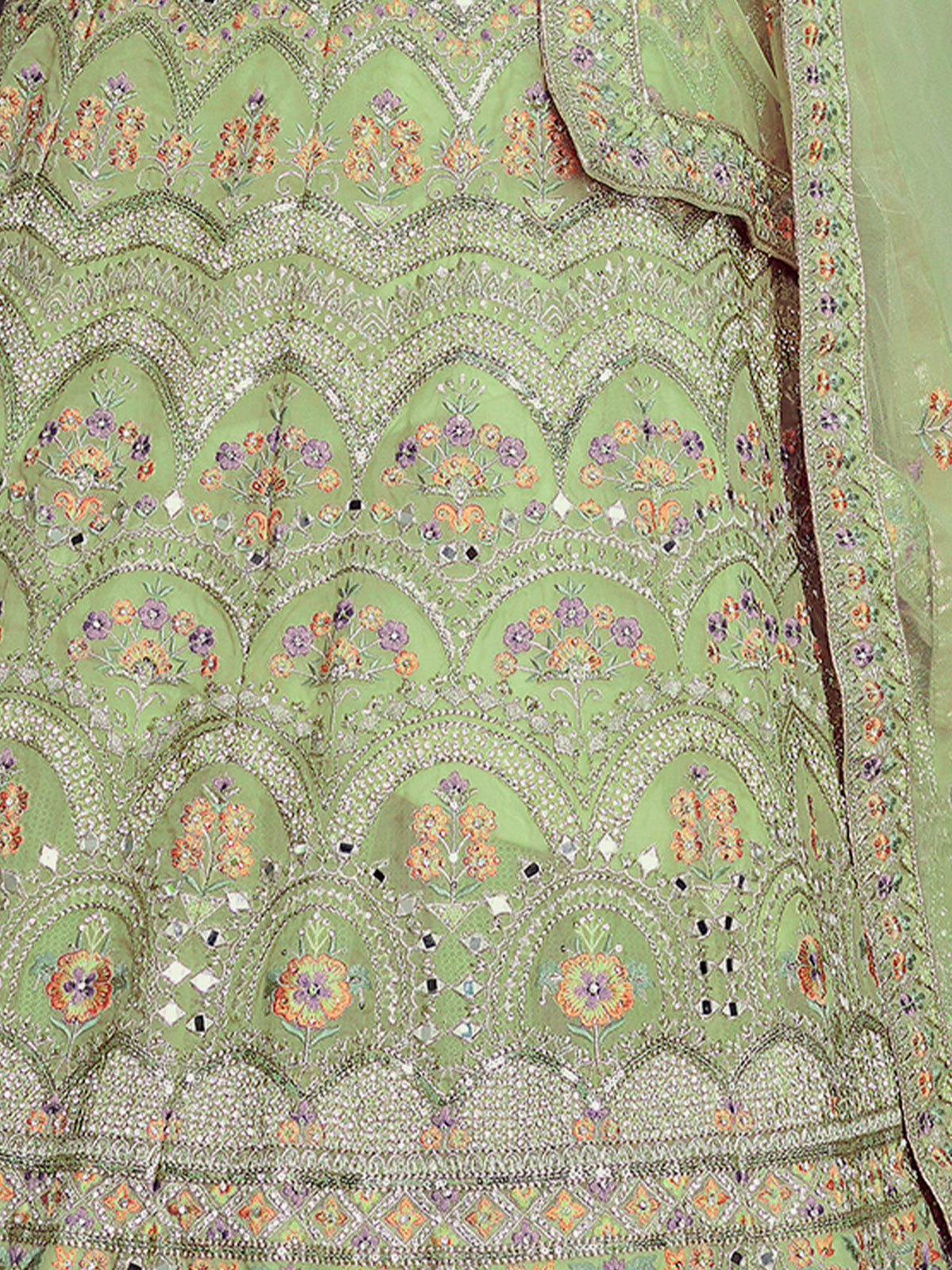 Green Embroidered Organza Semi Stitched Lehenga With Unstitched Blouse