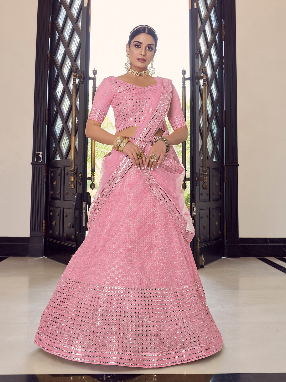 Pink Embroidered Georgette Semi Stitched Lehenga With Unstitched Blouse