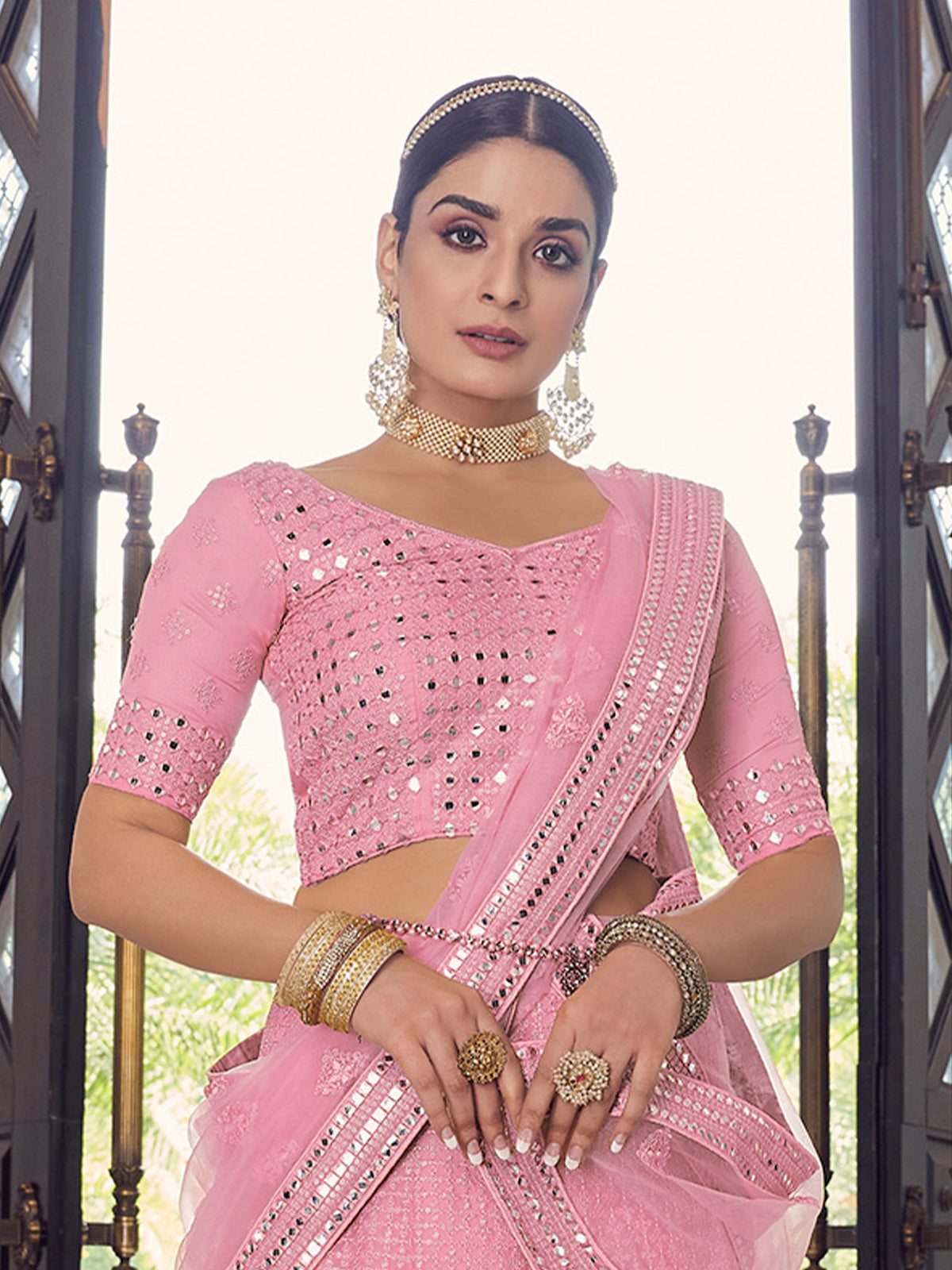 Pink Embroidered Georgette Semi Stitched Lehenga With Unstitched Blouse