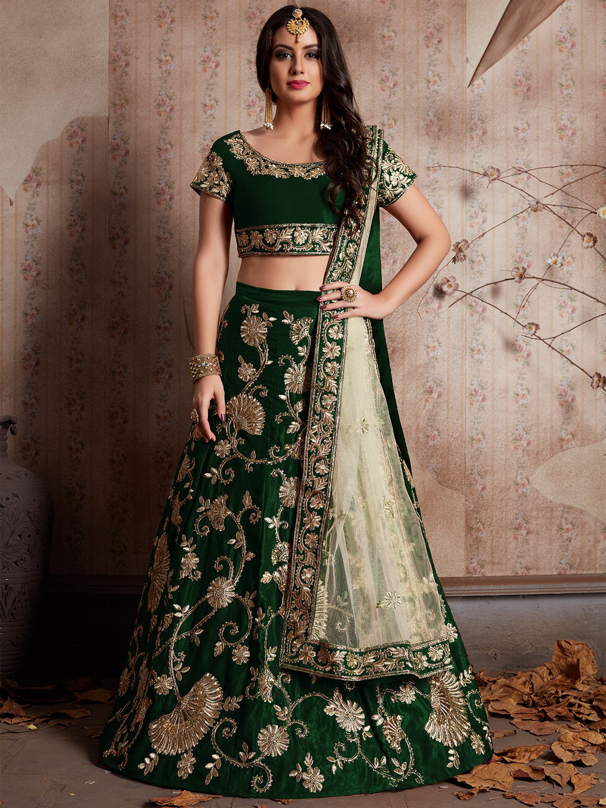 Dark Green Embroidered Semi Stitched Lehenga With Unstitched Blouse