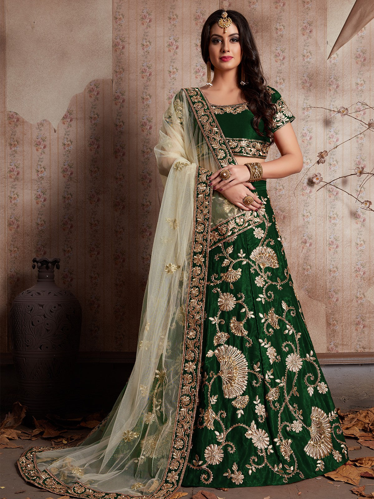 Dark Green Embroidered Semi Stitched Lehenga With Unstitched Blouse