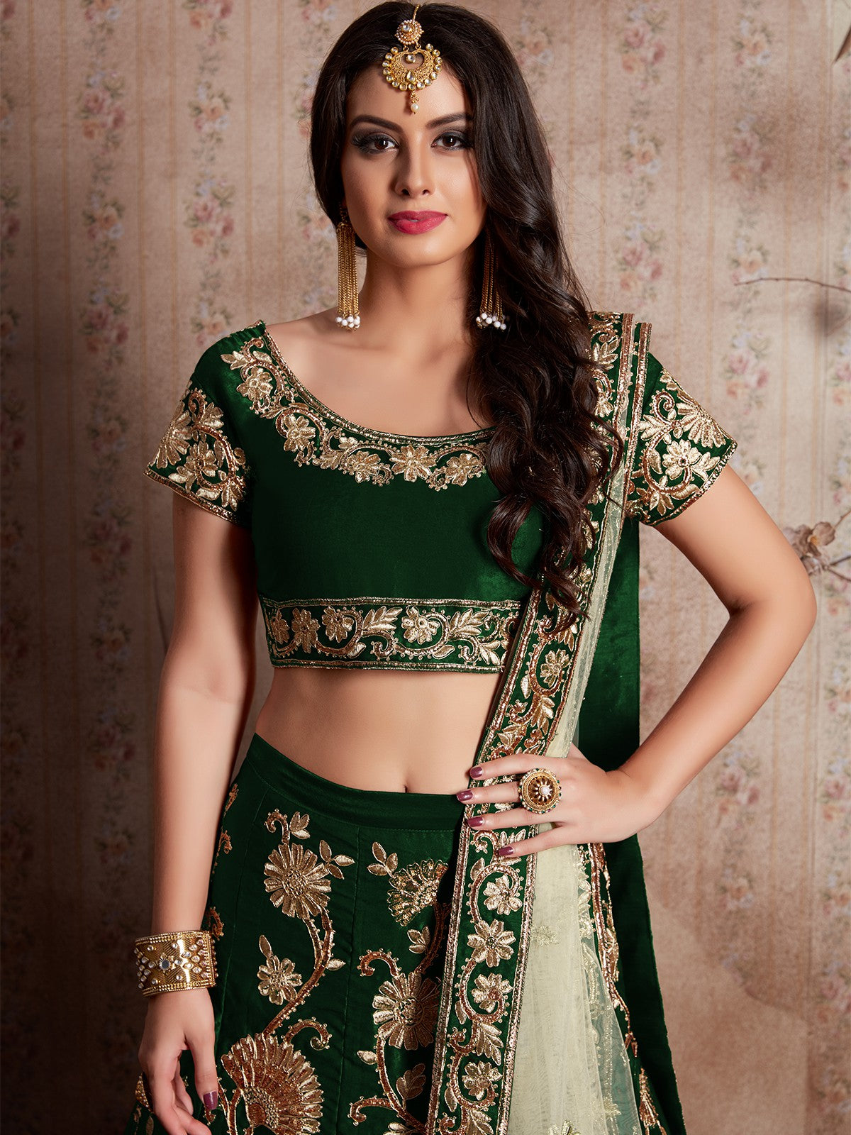Dark Green Embroidered Semi Stitched Lehenga With Unstitched Blouse