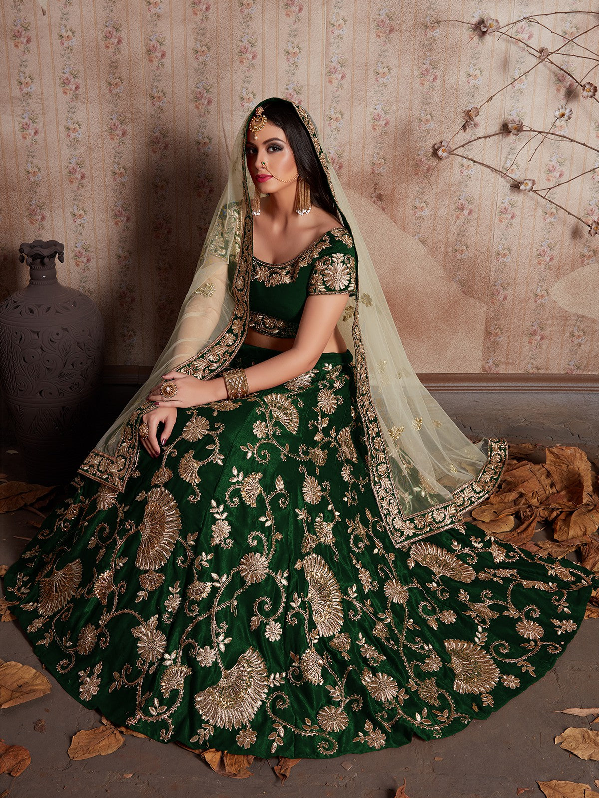Dark Green Embroidered Semi Stitched Lehenga With Unstitched Blouse