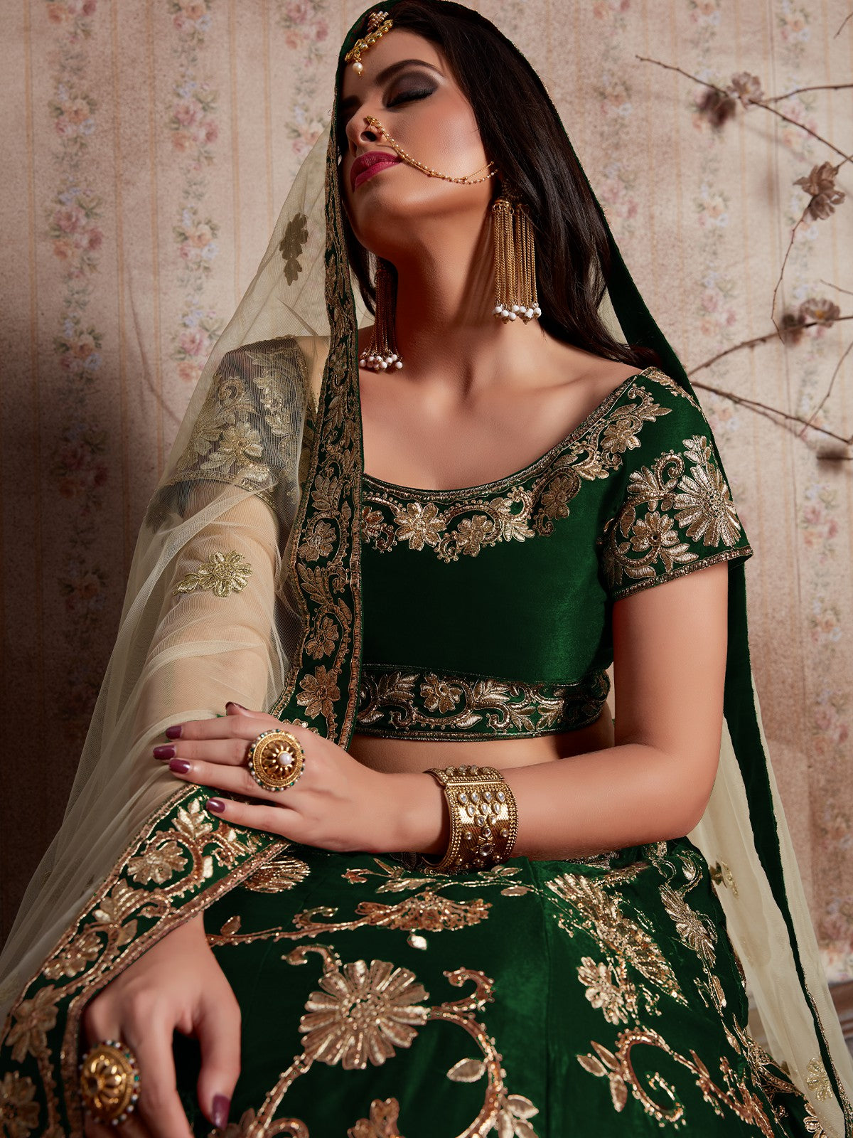 Dark Green Embroidered Semi Stitched Lehenga With Unstitched Blouse