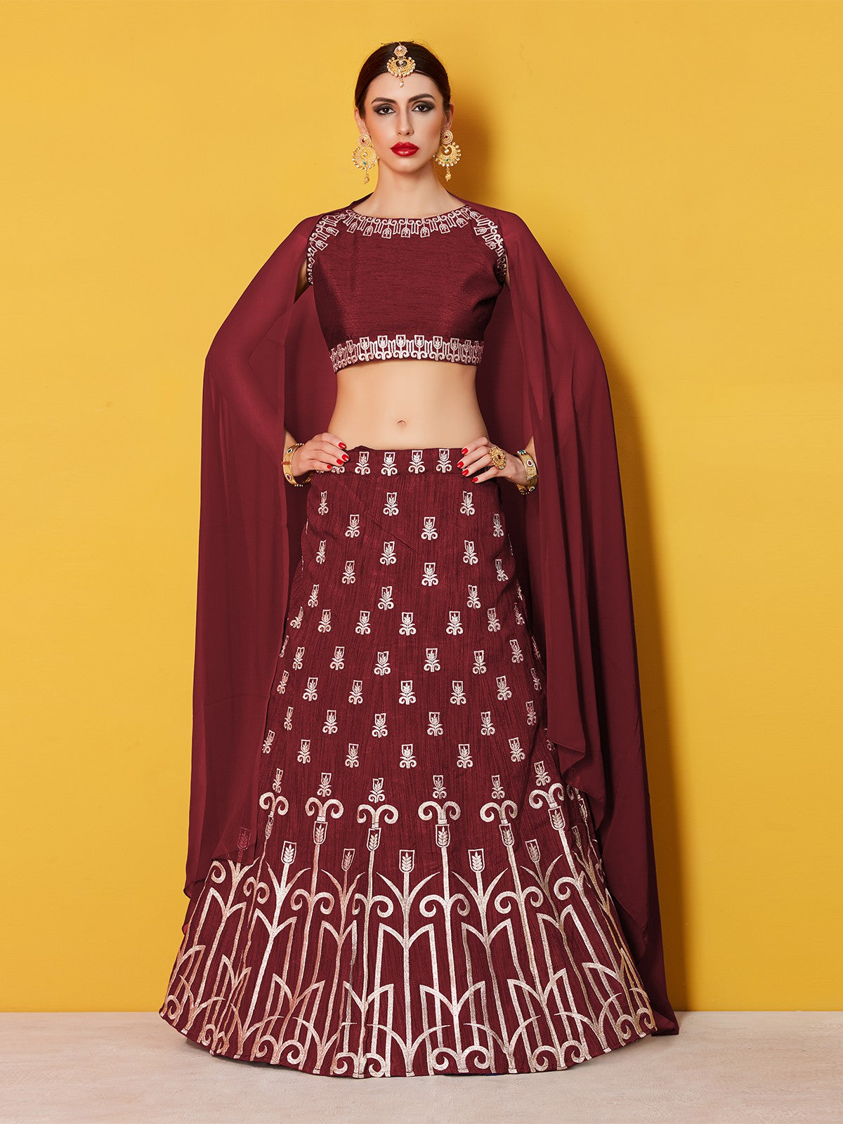 Maroon Embroidered Semi Stitched Lehenga With Unstitched Blouse