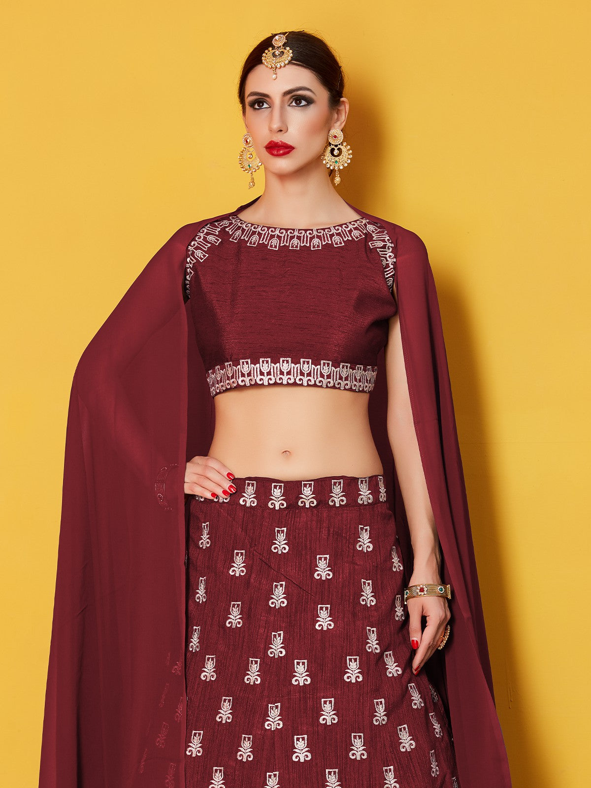 Maroon Embroidered Semi Stitched Lehenga With Unstitched Blouse