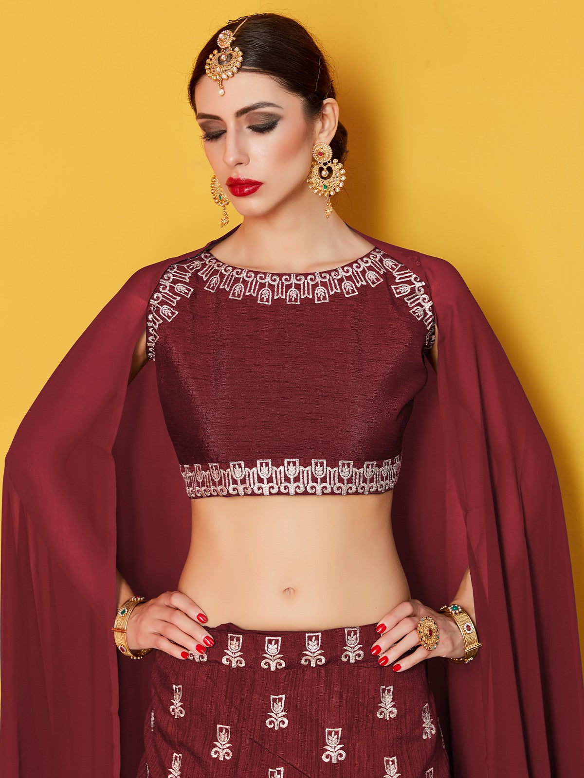 Maroon Embroidered Semi Stitched Lehenga With Unstitched Blouse