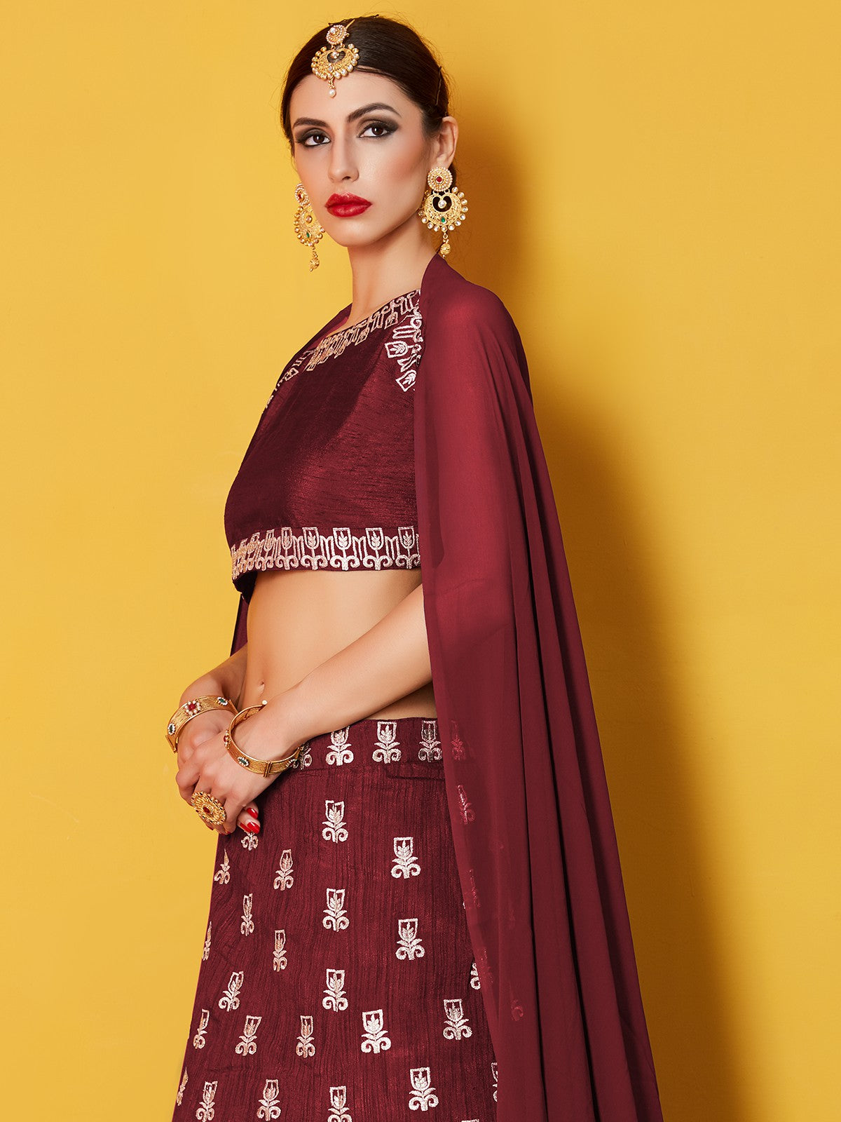 Maroon Embroidered Semi Stitched Lehenga With Unstitched Blouse