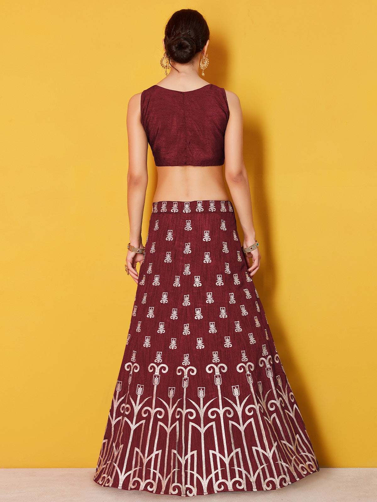 Maroon Embroidered Semi Stitched Lehenga With Unstitched Blouse