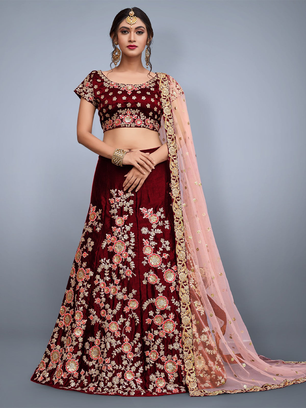 Maroon Embroidered Semi Stitched Lehenga With Unstitched Blouse