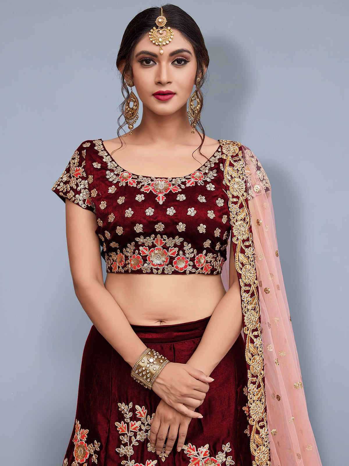 Maroon Embroidered Semi Stitched Lehenga With Unstitched Blouse