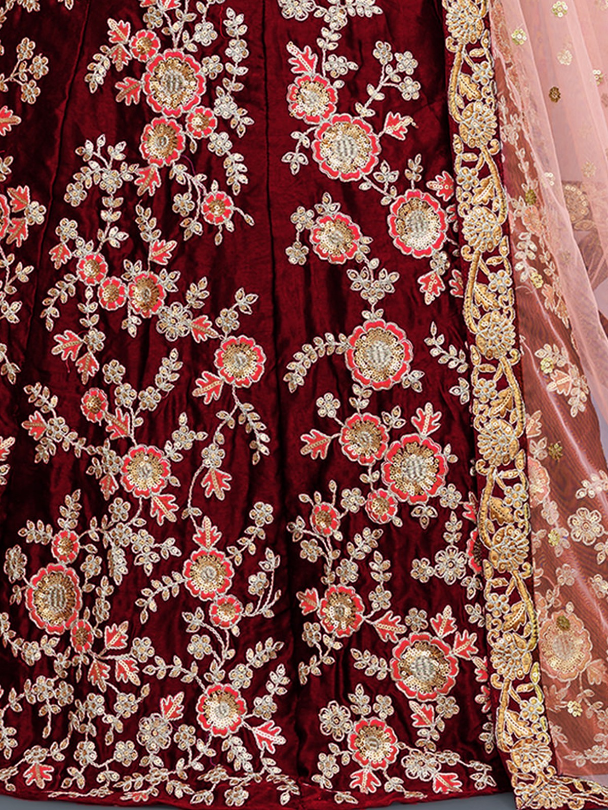 Maroon Embroidered Semi Stitched Lehenga With Unstitched Blouse