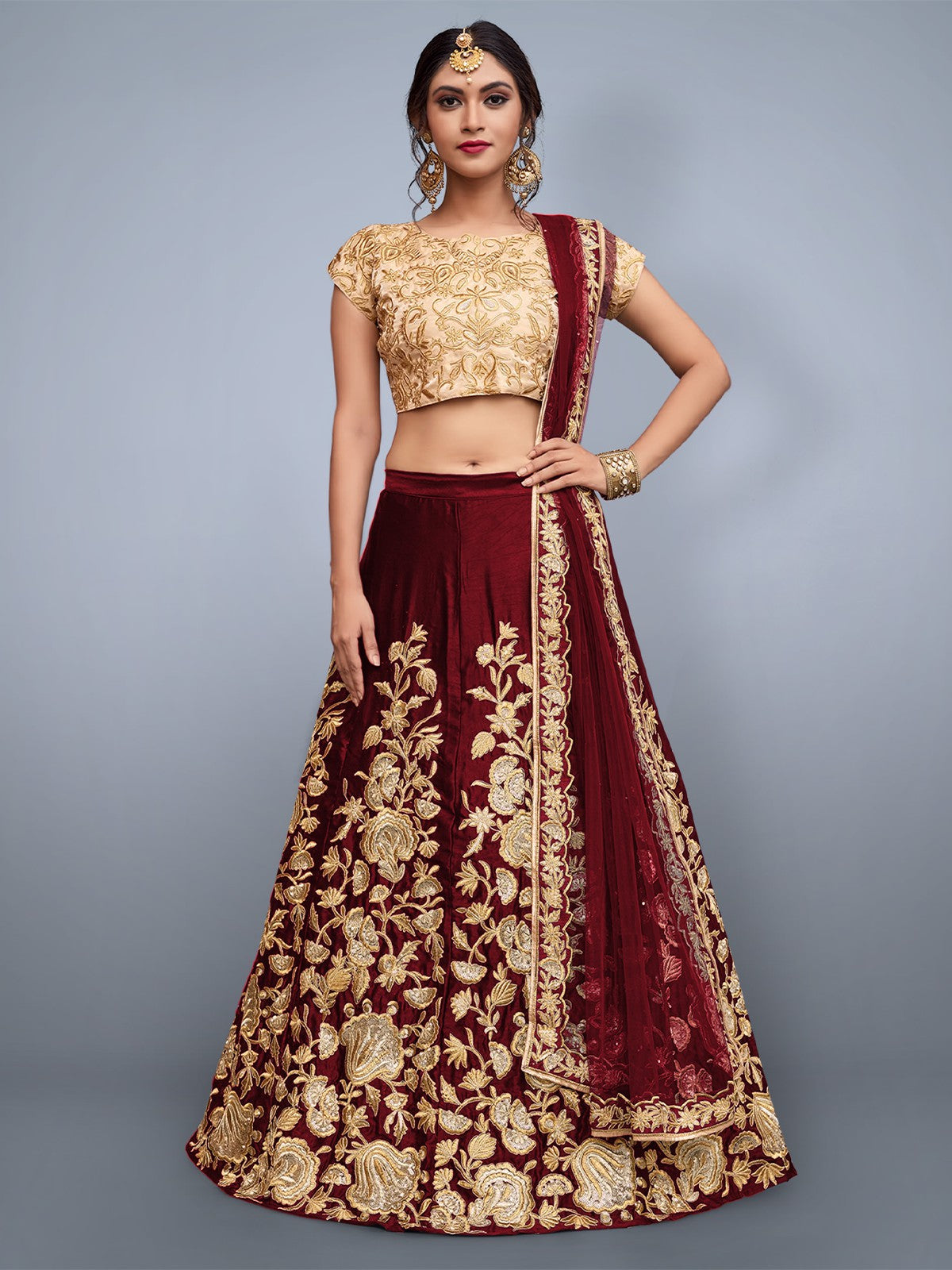 Maroon Embroidered Semi Stitched Lehenga With Unstitched Blouse