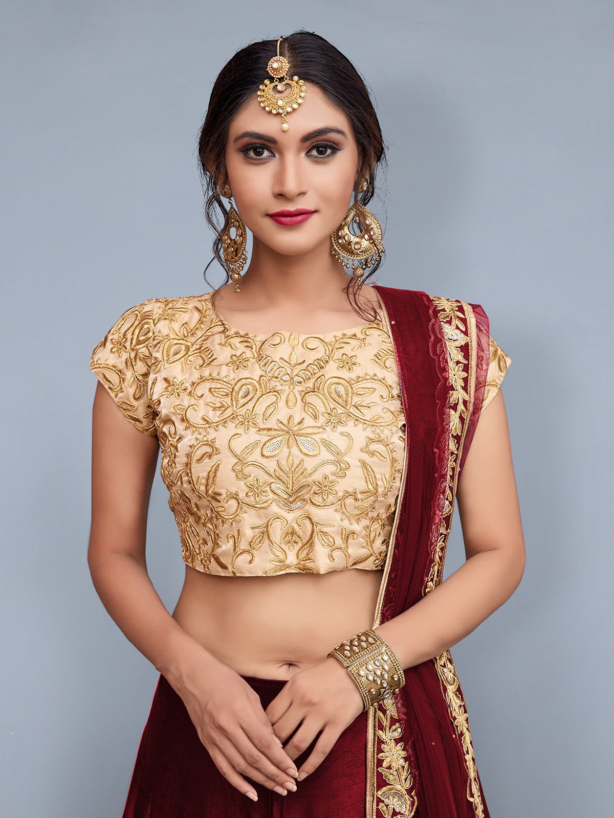 Maroon Embroidered Semi Stitched Lehenga With Unstitched Blouse