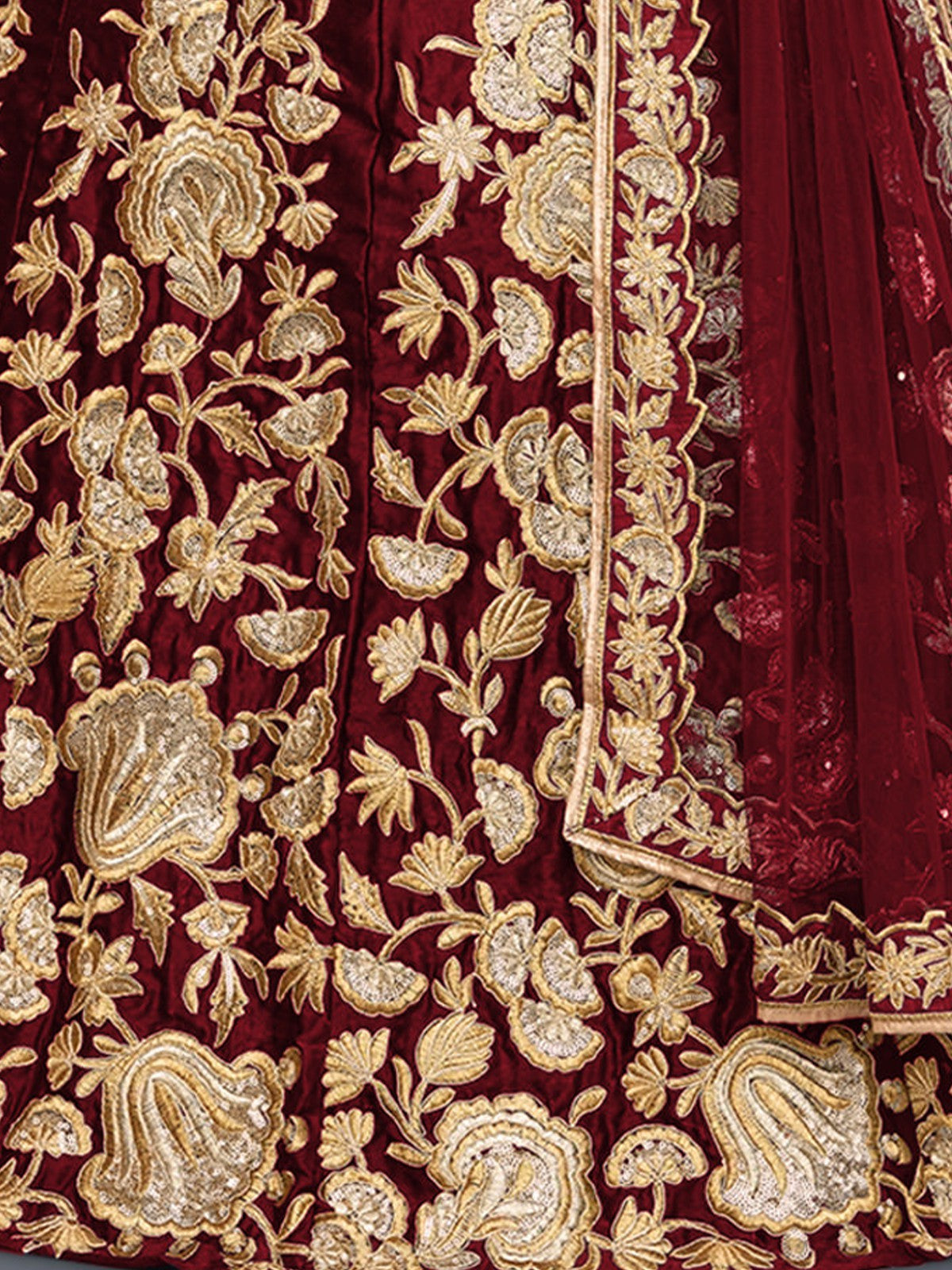 Maroon Embroidered Semi Stitched Lehenga With Unstitched Blouse