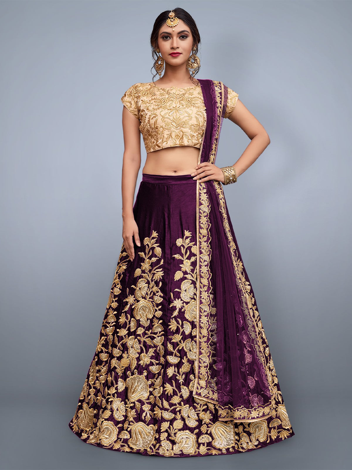 Voilet Embroidered Semi Stitched Lehenga With Unstitched Blouse