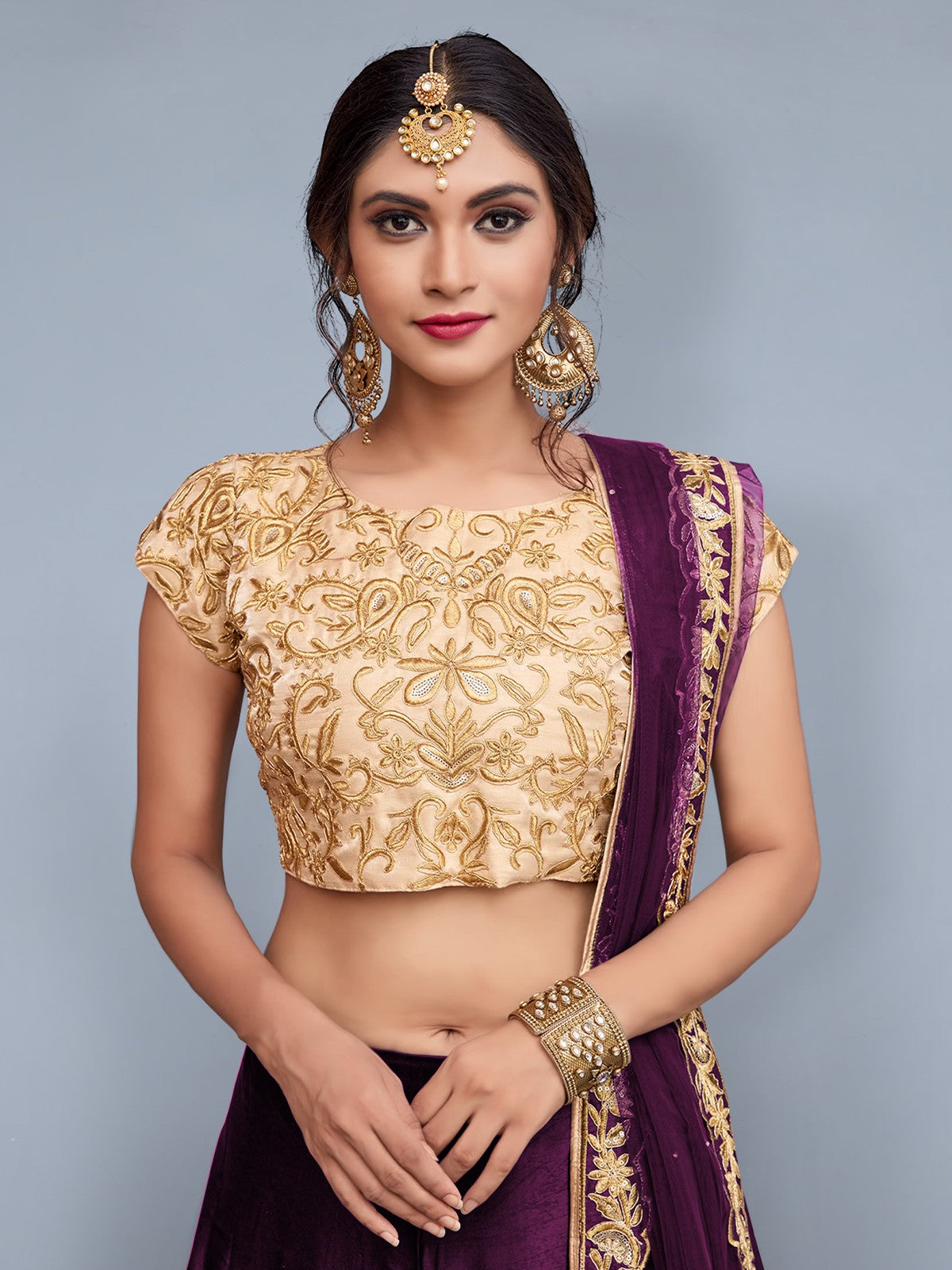 Voilet Embroidered Semi Stitched Lehenga With Unstitched Blouse