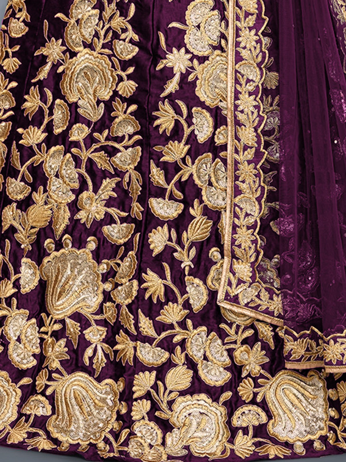 Voilet Embroidered Semi Stitched Lehenga With Unstitched Blouse