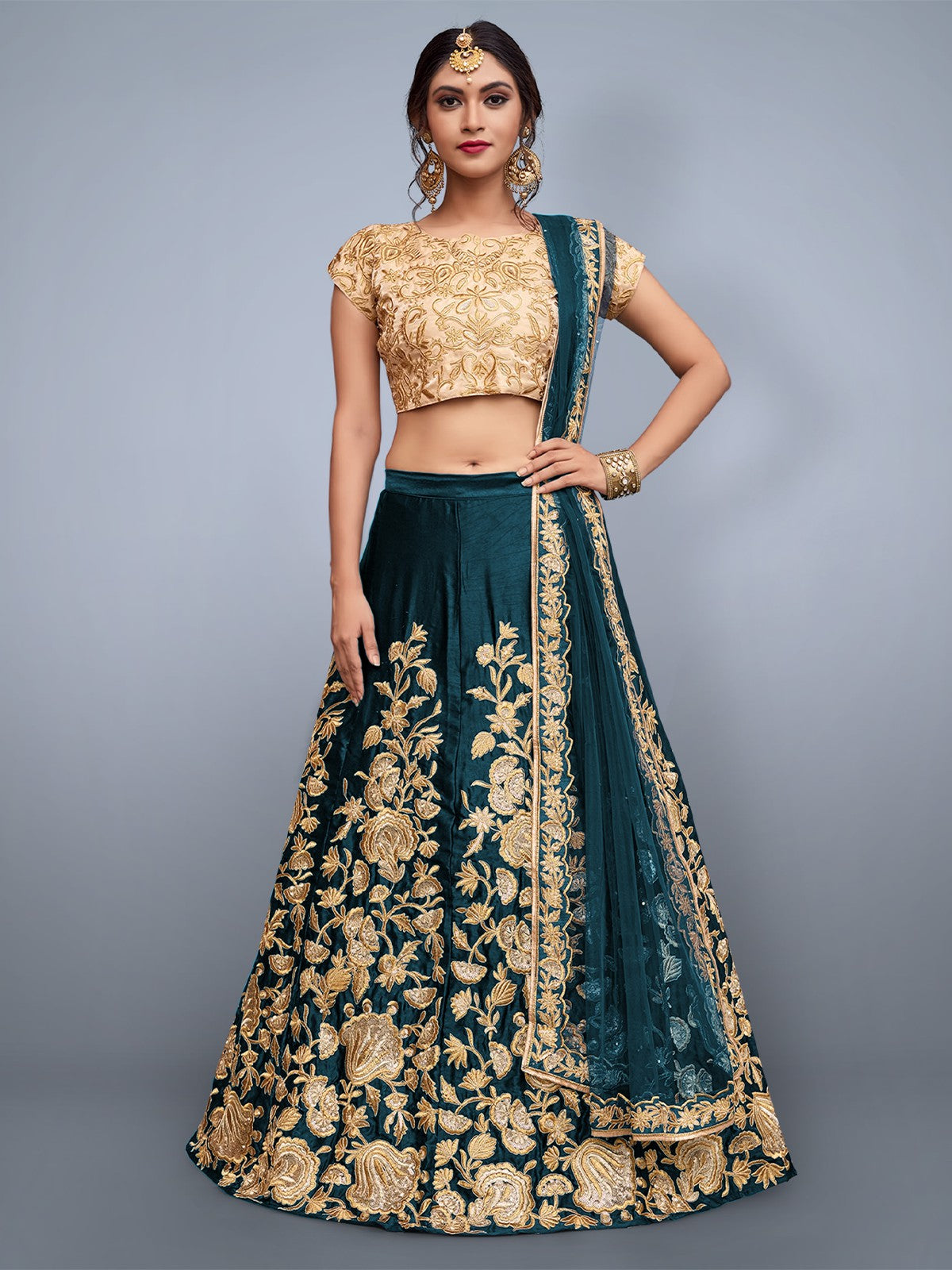 Teal Embroidered Semi Stitched Lehenga With Unstitched Blouse