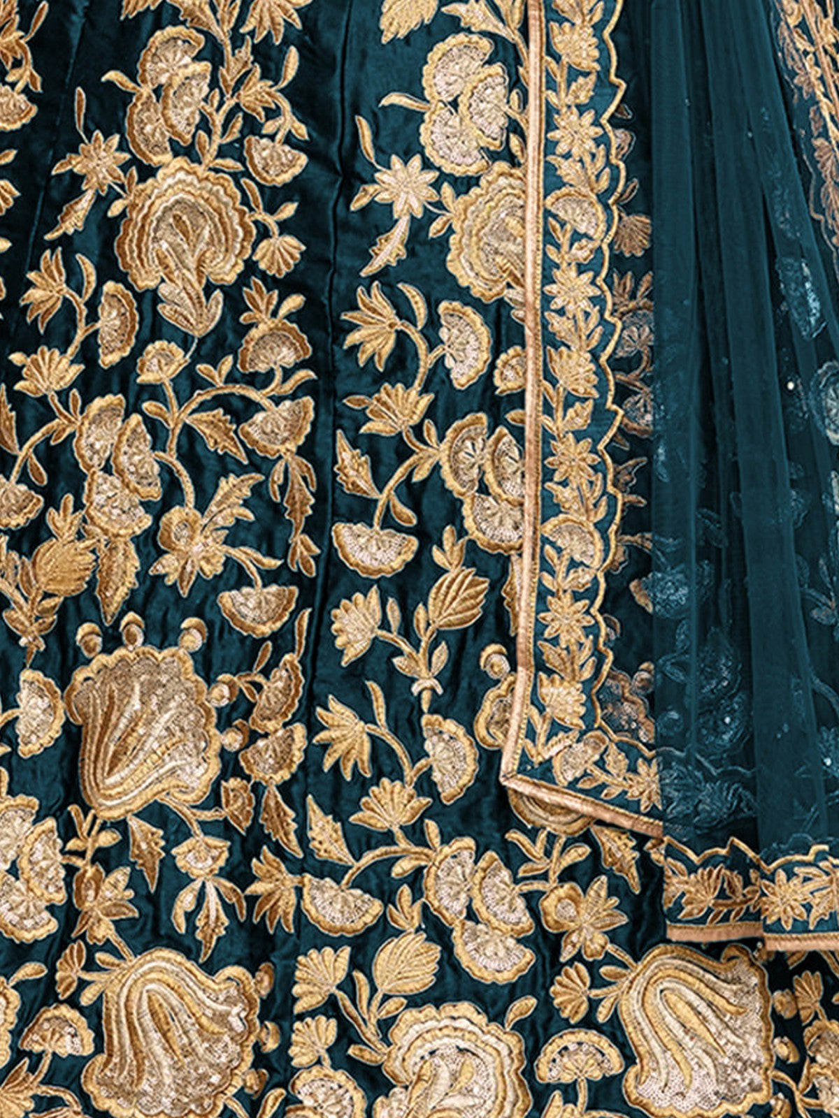 Teal Embroidered Semi Stitched Lehenga With Unstitched Blouse