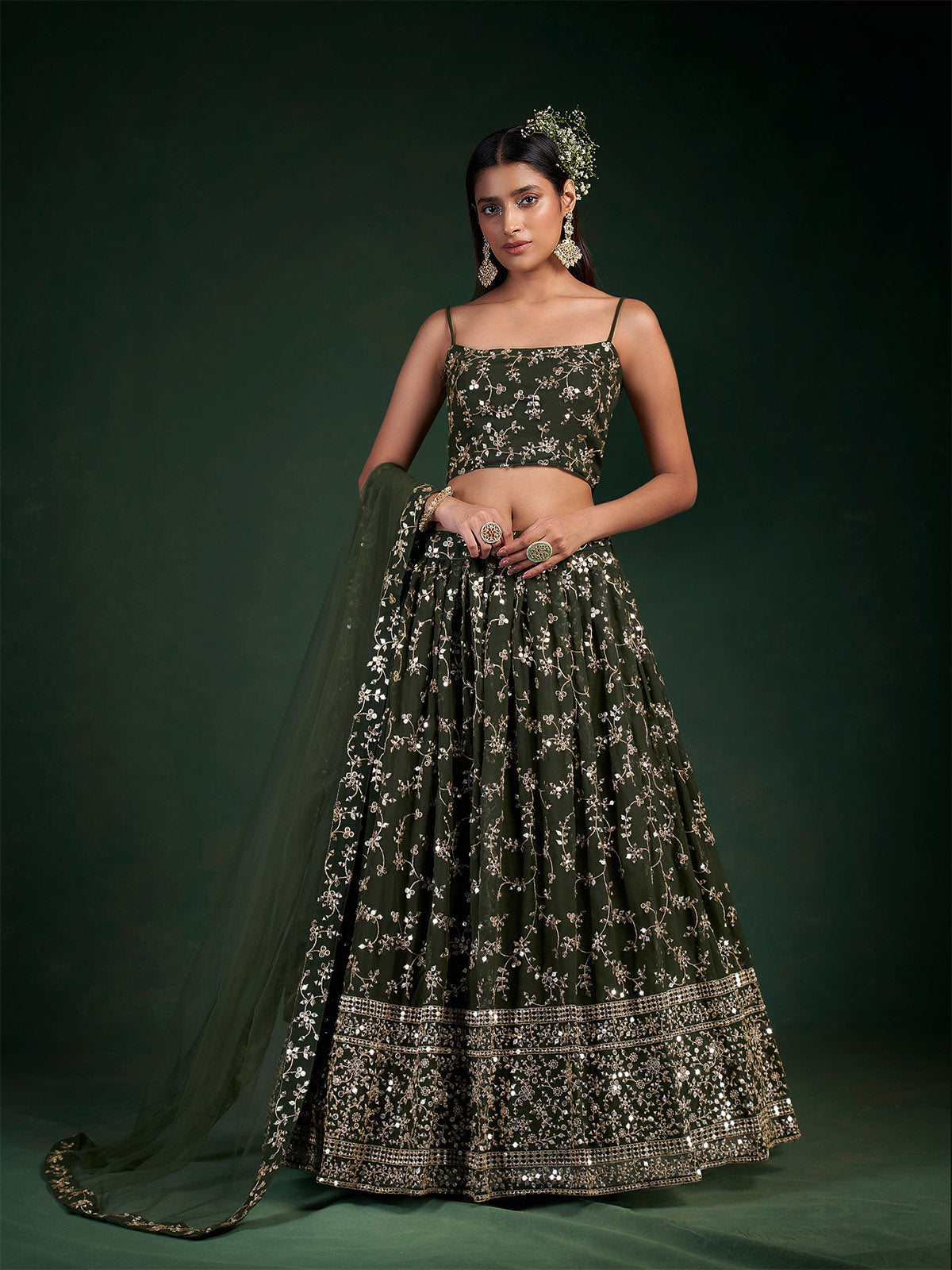 Dark Green Embroidered Bridal Semi Stitched Lehenga With  Unstitched Blouse