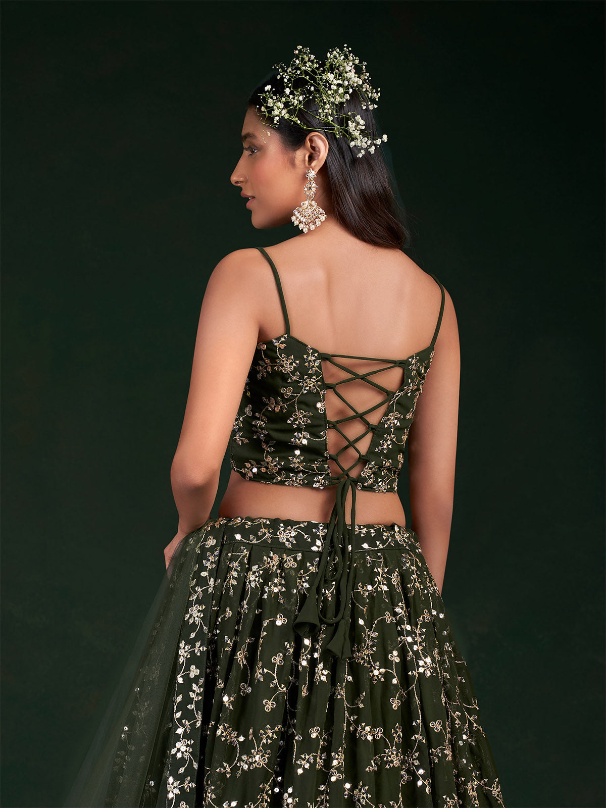Dark Green Embroidered Bridal Semi Stitched Lehenga With  Unstitched Blouse