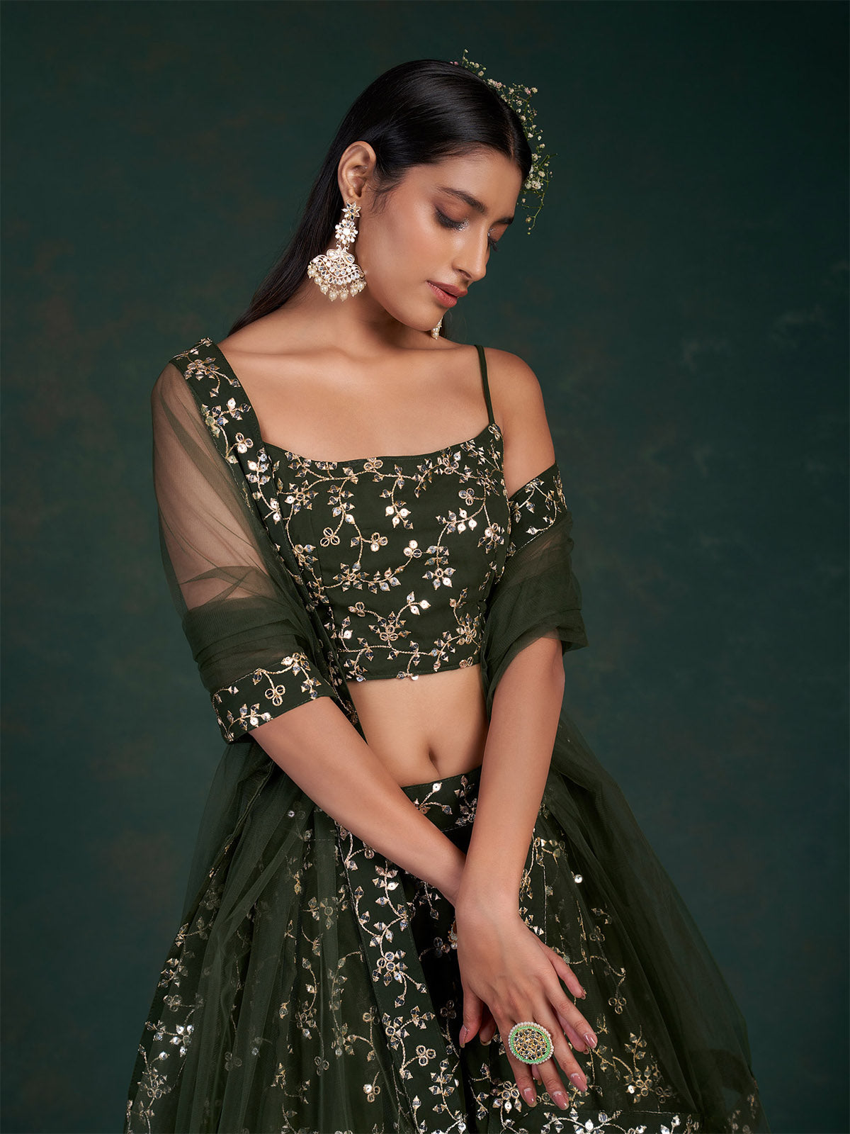 Dark Green Embroidered Bridal Semi Stitched Lehenga With  Unstitched Blouse