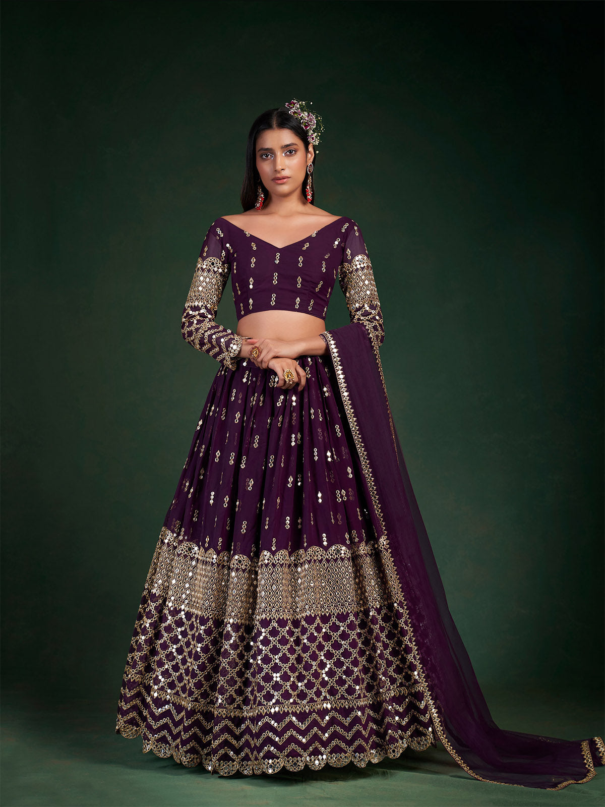 Violet Embroidered Bridal Semi Stitched Lehenga With  Unstitched Blouse