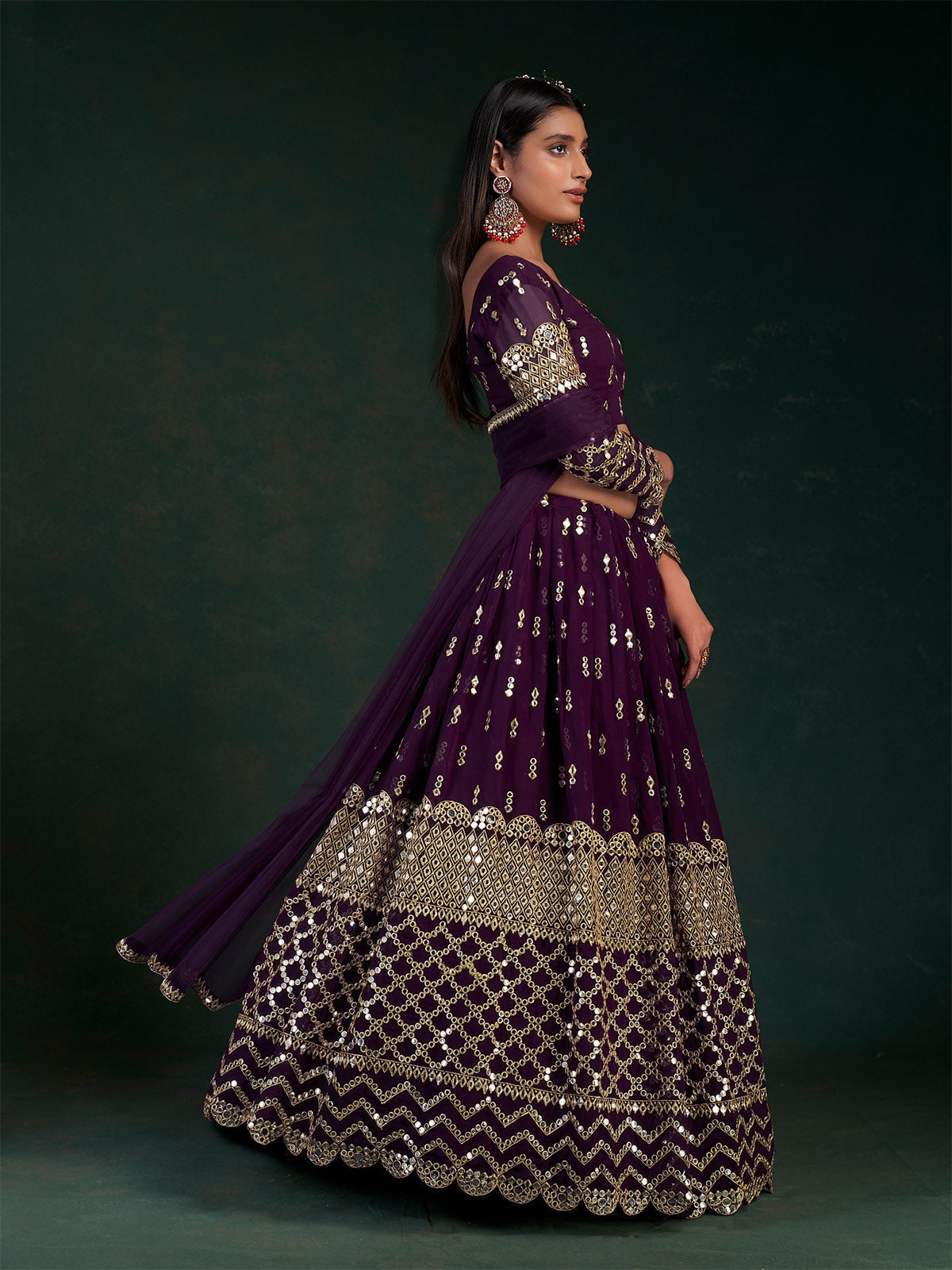 Violet Embroidered Bridal Semi Stitched Lehenga With  Unstitched Blouse