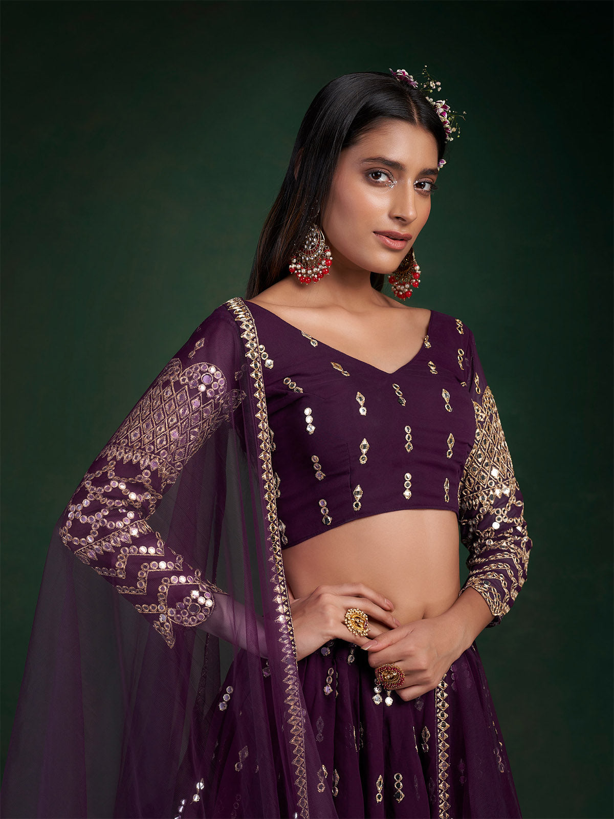 Violet Embroidered Bridal Semi Stitched Lehenga With  Unstitched Blouse
