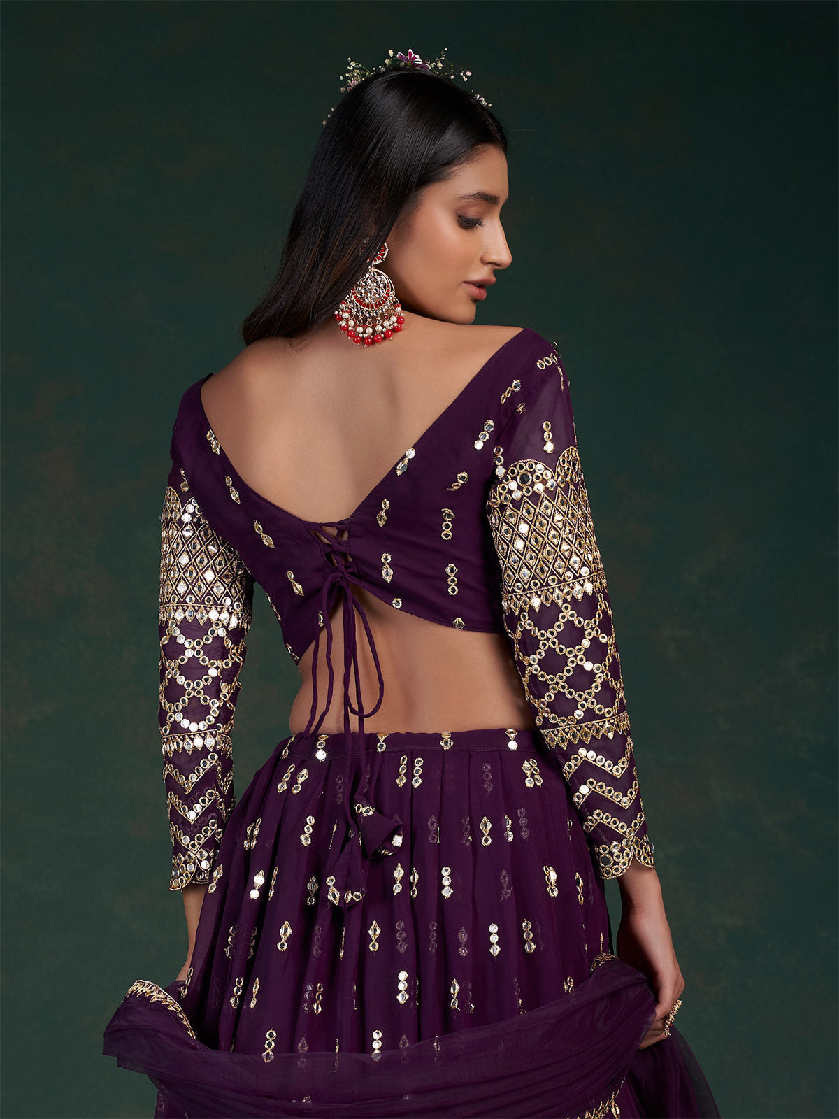 Violet Embroidered Bridal Semi Stitched Lehenga With  Unstitched Blouse
