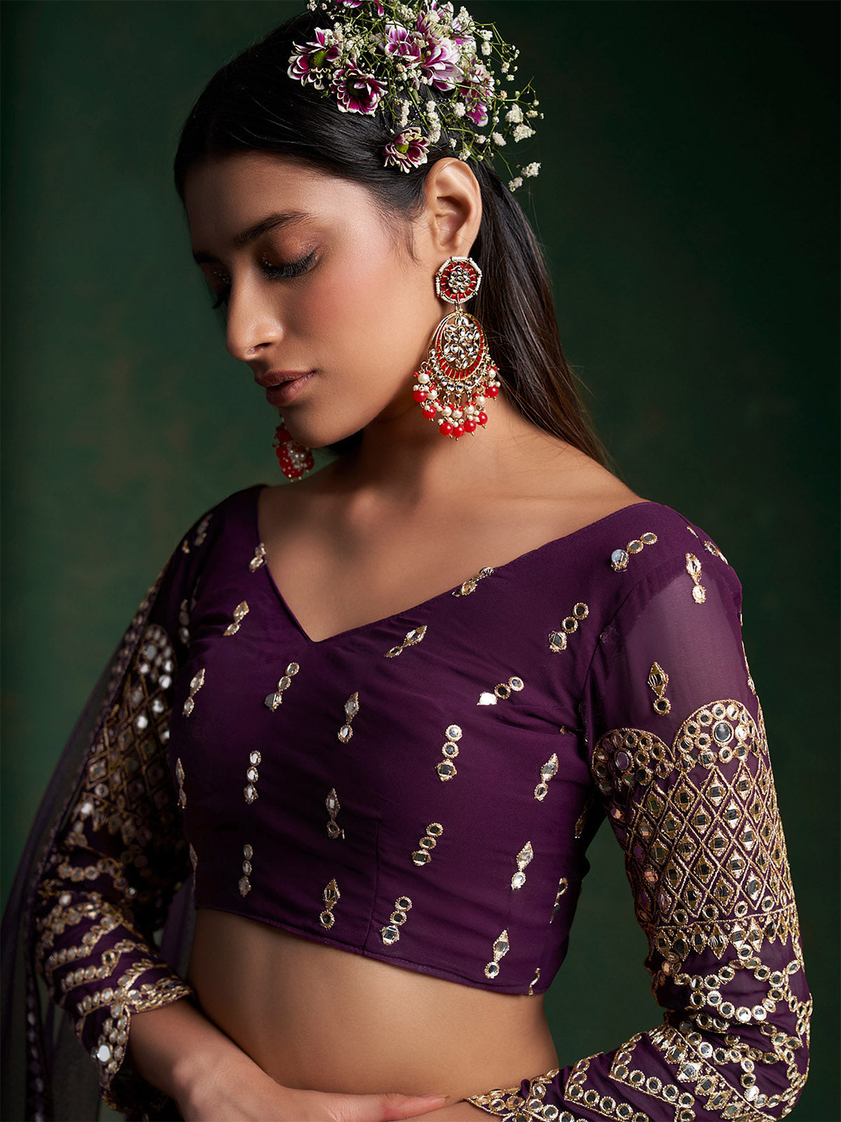 Violet Embroidered Bridal Semi Stitched Lehenga With  Unstitched Blouse