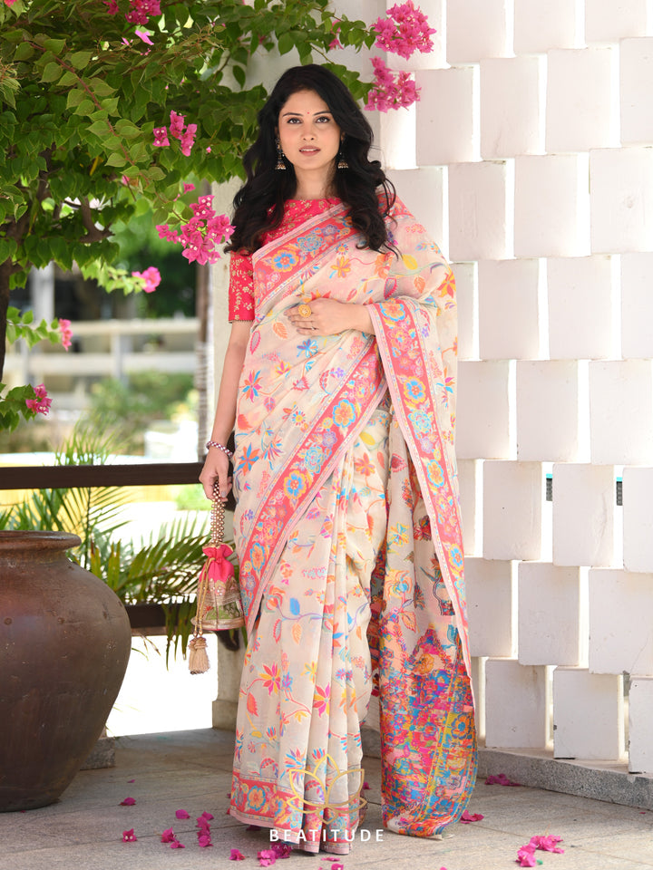 Luxuriant Beige Pashmina saree With Amiable Blouse Piece