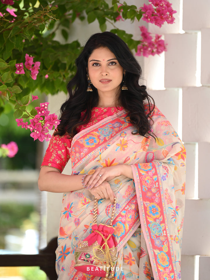 Luxuriant Beige Pashmina saree With Amiable Blouse Piece