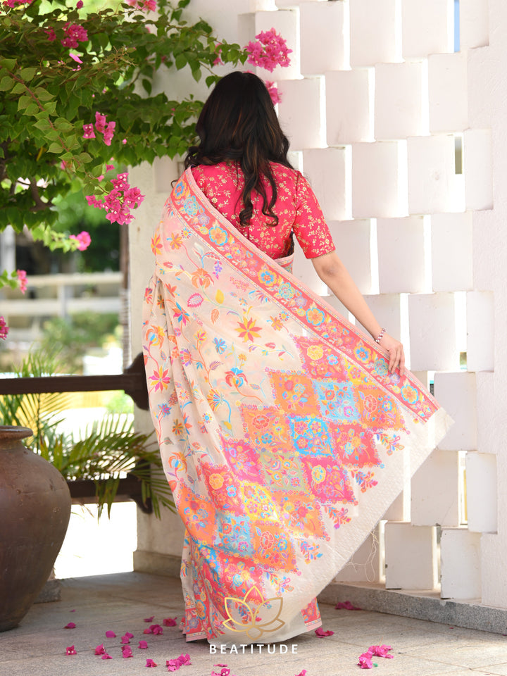 Luxuriant Beige Pashmina saree With Amiable Blouse Piece