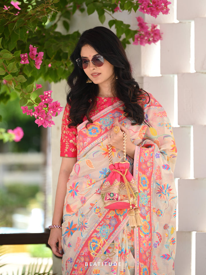 Luxuriant Beige Pashmina saree With Amiable Blouse Piece