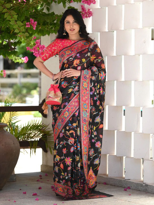 Cynosure Black Pashmina saree With Dissemble Blouse Piece