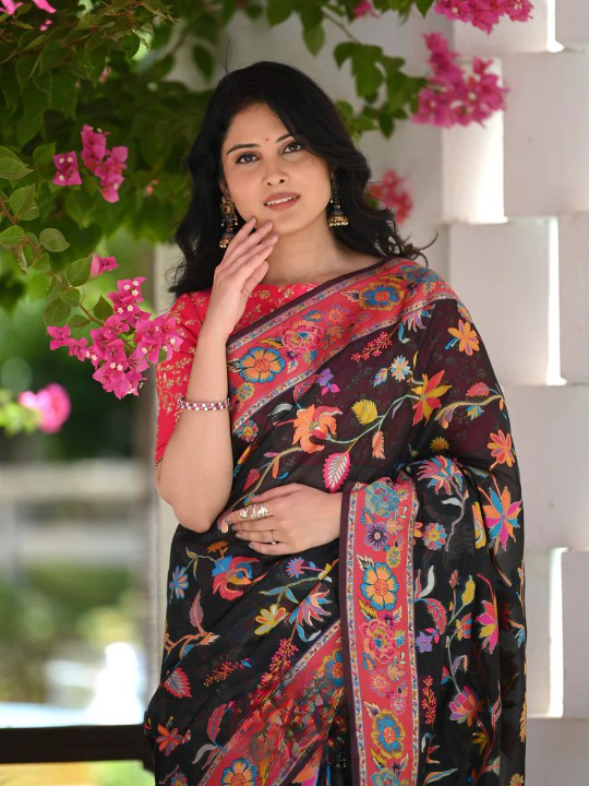 Cynosure Black Pashmina saree With Dissemble Blouse Piece