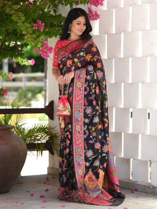 Cynosure Black Pashmina saree With Dissemble Blouse Piece