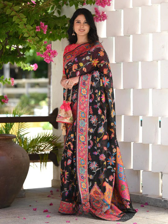 Cynosure Black Pashmina saree With Dissemble Blouse Piece