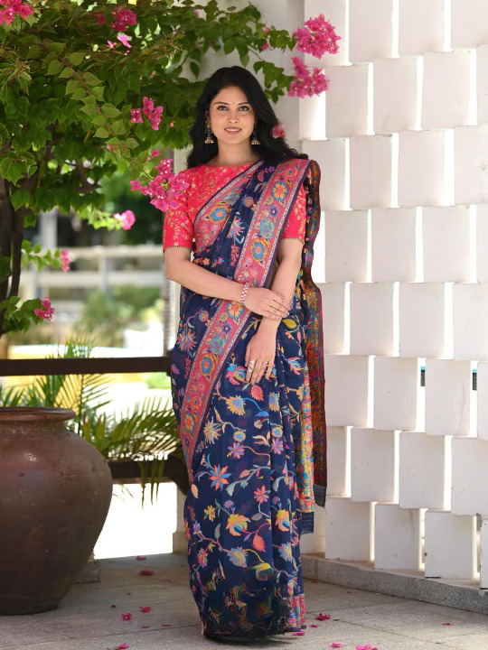Evocative Blue Pashmina saree With Moiety Blouse Piece