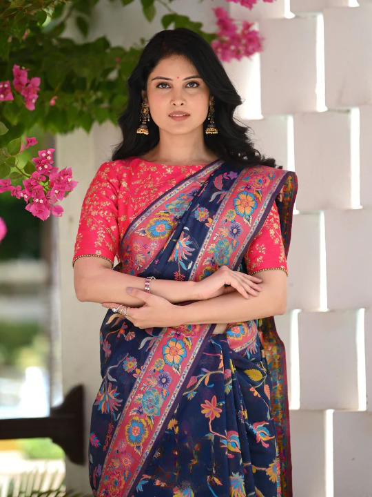 Evocative Blue Pashmina saree With Moiety Blouse Piece