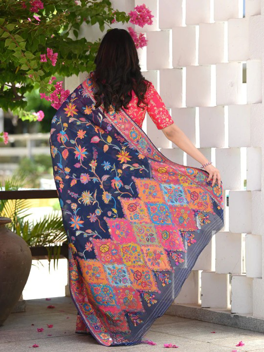 Evocative Blue Pashmina saree With Moiety Blouse Piece