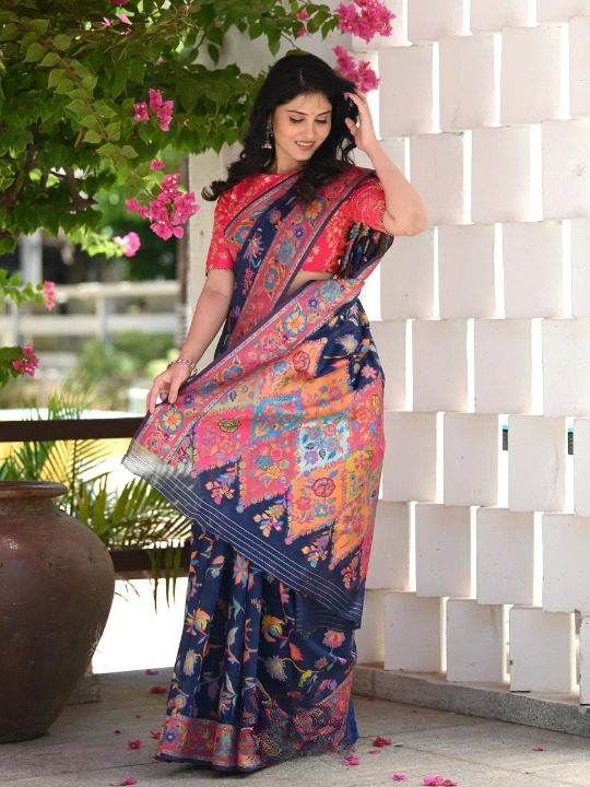 Evocative Blue Pashmina saree With Moiety Blouse Piece