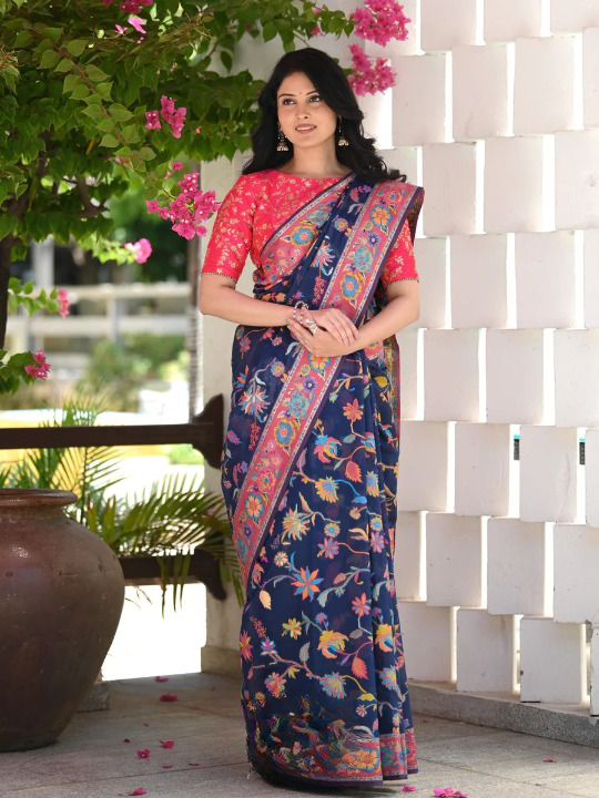 Evocative Blue Pashmina saree With Moiety Blouse Piece