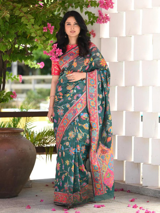 Seraglio Green Pashmina saree With Staggering Blouse Piece