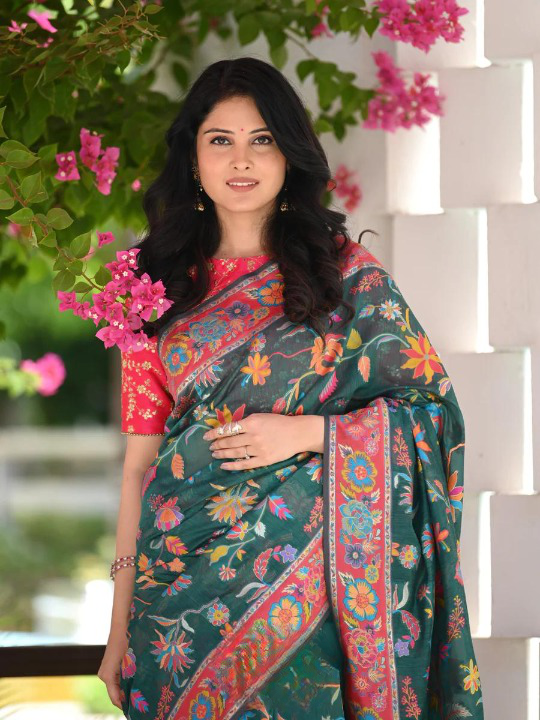 Seraglio Green Pashmina saree With Staggering Blouse Piece