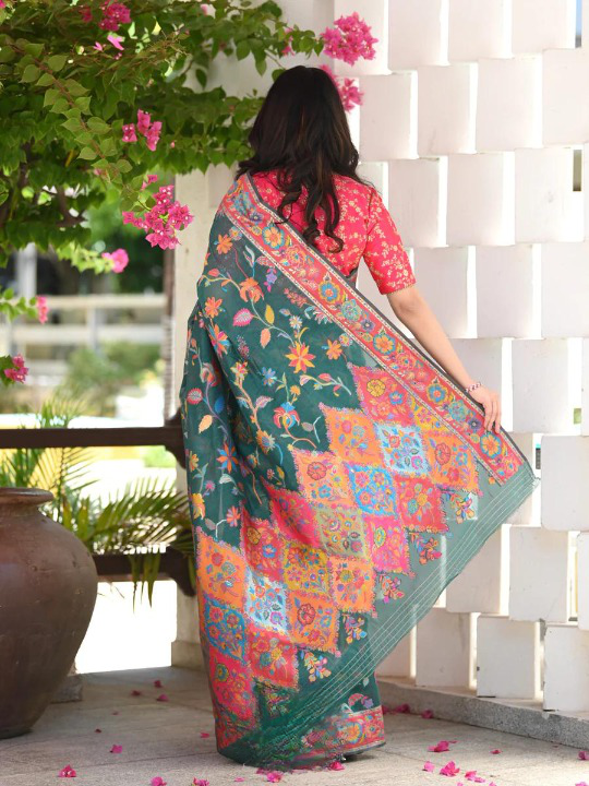 Seraglio Green Pashmina saree With Staggering Blouse Piece